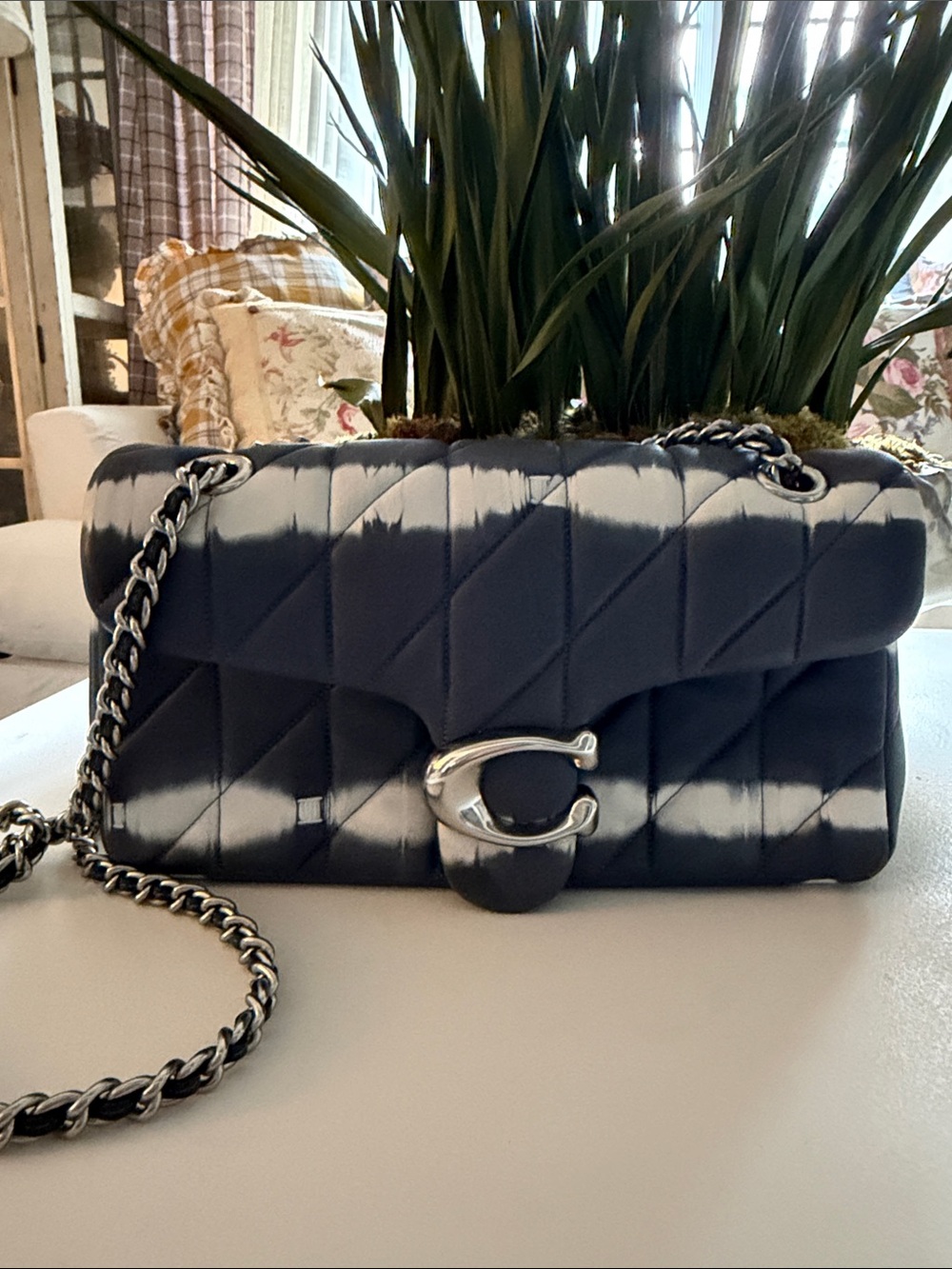 Coach Quilted Tie-Dye Shoulder Bag in Navy and White